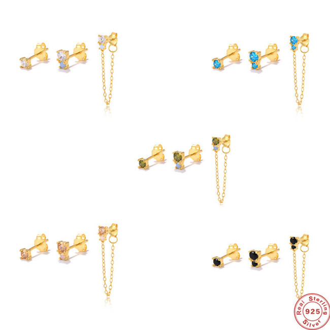 S925 Sterling Silver Asymmetric Chain Tassel Diamond Stud Earrings Hoop Earrings Cross-Border Hot-Selling Creative Earrings Set