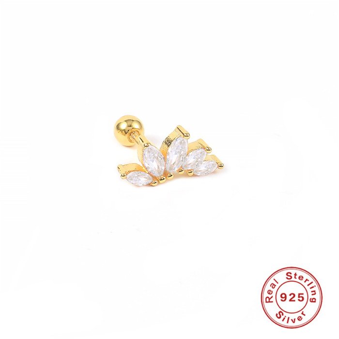 S925 Sterling Silver Colorful Diamond Crown Flower Piercing Threaded Ear Bone Stud European and American Mini Inlaid Diamond Ear Cartilage Stud Earrings for Women