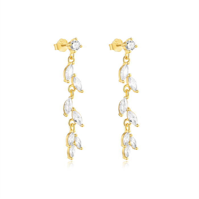 New S925 Sterling Silver Ins Style Zircon Leaf Delicate Earrings European and American Design Sense Elegant Stud Earrings Jewelry