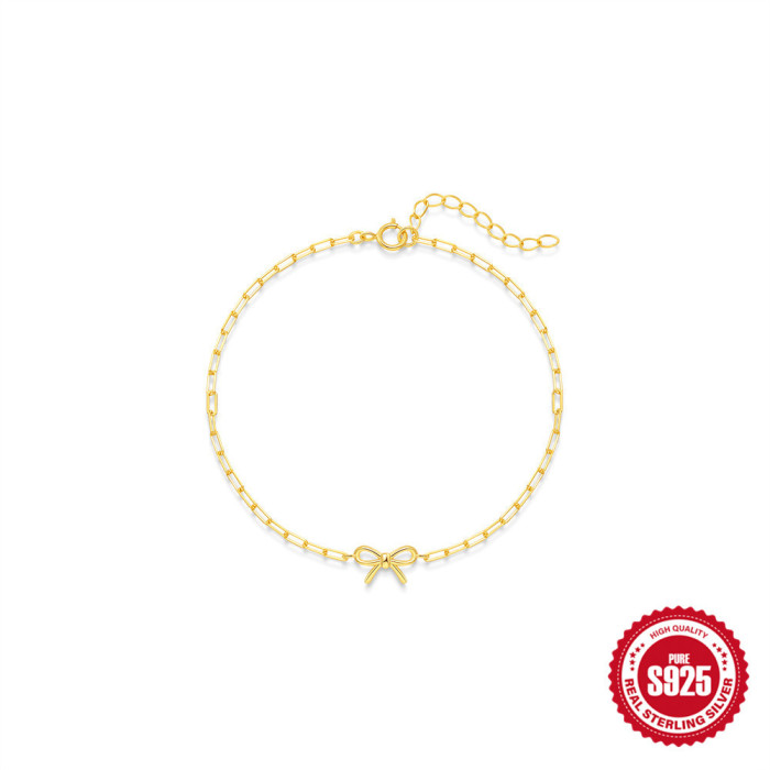 S925 Sterling Silver Smooth Bowknot Paperclip Chain Bracelet Hot Selling INS Minimalist Style Elegant Bracelet, Neckl...