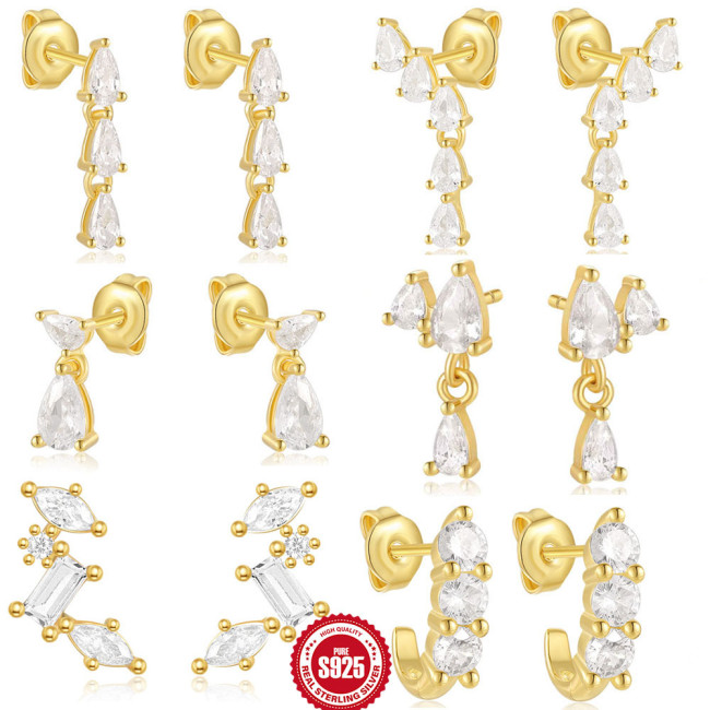S925 Sterling Silver Multi-layer Marquise Water Drop Splicing Stud Earrings European and American Cross-border Hot-selling Super Flash Diamond-studded Temperament Earrings