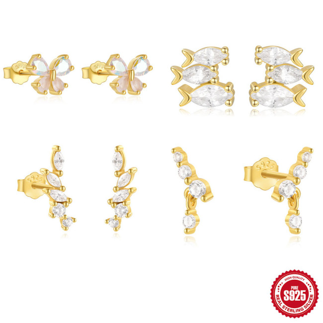 S925 Sterling Silver Creative Colorful Inlaid Diamond Butterfly Fish Earrings European and American Hot-Selling Niche Design Earrings for Women