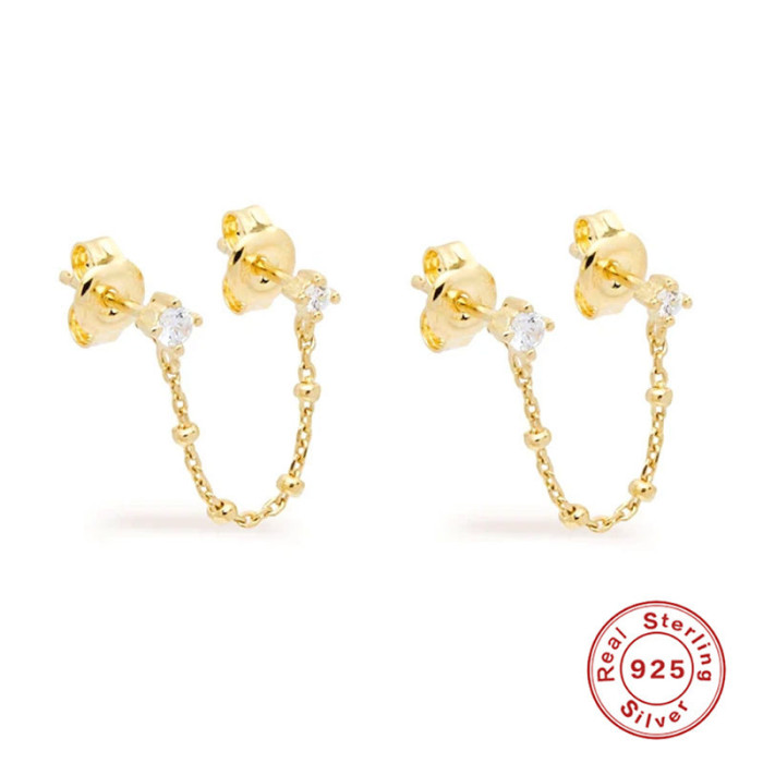 S925 Sterling Silver INS Style Tassel Ear Thread Chain Single Diamond Pearl Earrings Studs European and American Hot Selling French Style Earrings