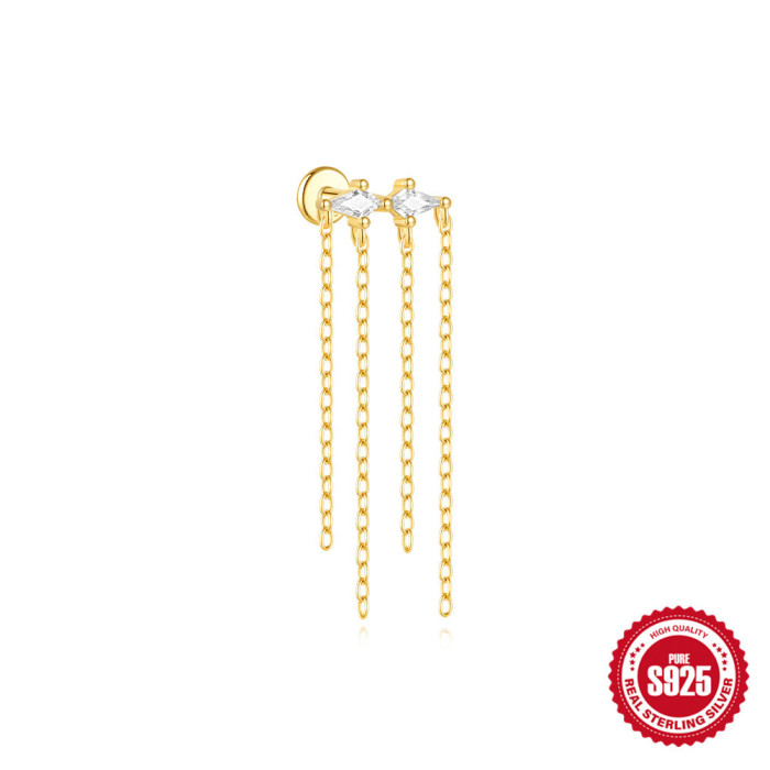 S925 Sterling Silver Geometric Kite Inlaid Diamond Chain Tassel Flat Head Piercing Threaded Ear Bone Stud AliExpress Hot-Selling Earrings