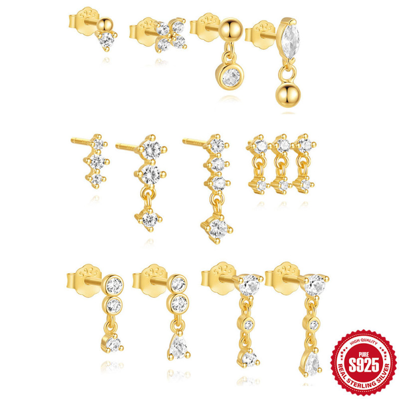 S925 Sterling Silver Geometric Single Row Diamond-Studded Round Bead Earrings Set European and American Cross-Border Hot Selling Light Luxury High-End Earrings