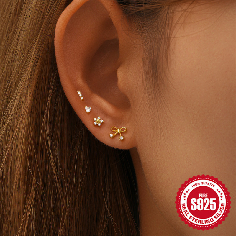 S925 Sterling Silver Bowknot Heart Geometric Diamond Stud Earrings Set European and American Hot Selling Simple Versatile Earrings for Women