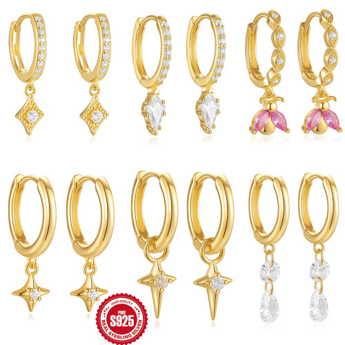 S925 Sterling Silver Rhombus Inlaid Diamond Bee Fun Hoop Earrings Ear Clips Earrings for Women Cross-Border Hot Selling INS Creative Style Ear Jewelry