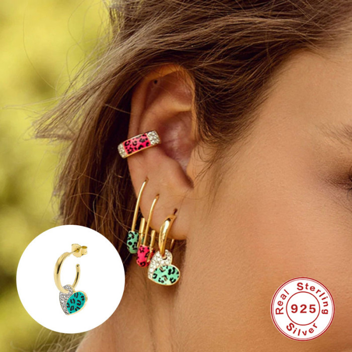 S925 Sterling Silver C-Shaped Leopard Print Oil Drop Enamel Color-Block Earrings European and American Creative Personality Drop Earrings Jewelry