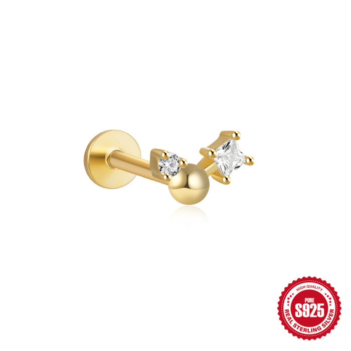 S925 Sterling Silver Geometric Star Inlaid Diamond Fashion Flat Head Piercing Threaded Ear Bone Stud New Hot-Selling Earrings for Women