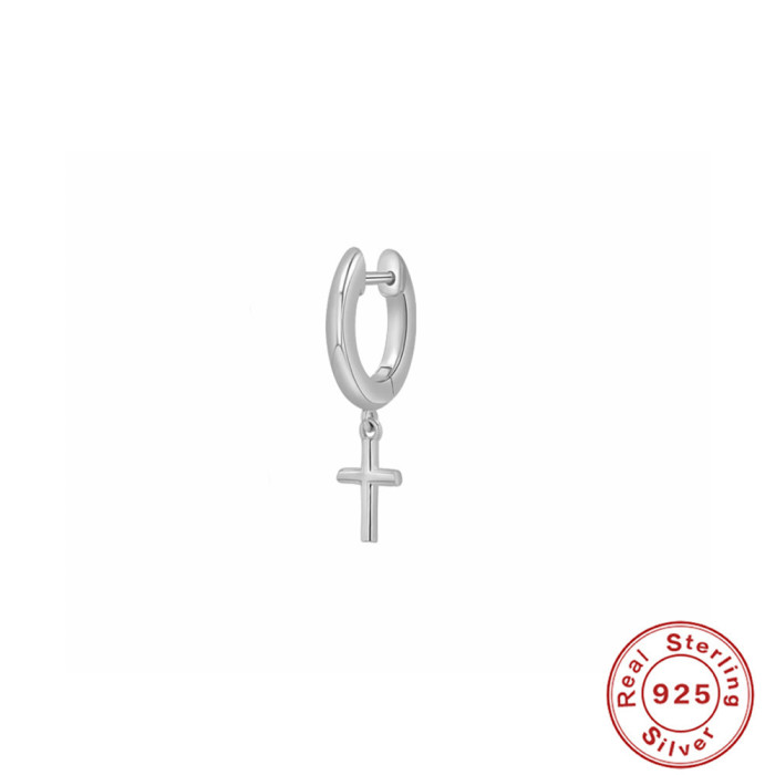 S925 Sterling Silver Minimalist Smooth Surface Pentagram Cross Pendant Earrings Hoop Korean Style Niche High-end Earrings for Women