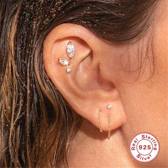S925 Sterling Silver Single Horse Eye Diamond Threaded Piercing Ear Bone Stud European and American Trendy Personality Creative Style Earrings Ear Jewelry