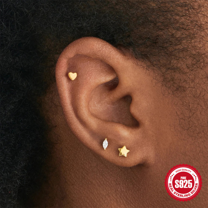 S925 Sterling Silver Heart Star Inlaid Diamond Set Earrings for Women, Internet Celebrity Hot-Selling, Elegant Niche Design Earrings