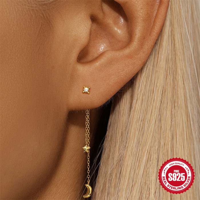 S925 Sterling Silver Five-Pointed Star Moon Tassel Earrings Korean Style Niche Elegant Classic Diamond-Studded Ear Jewelry