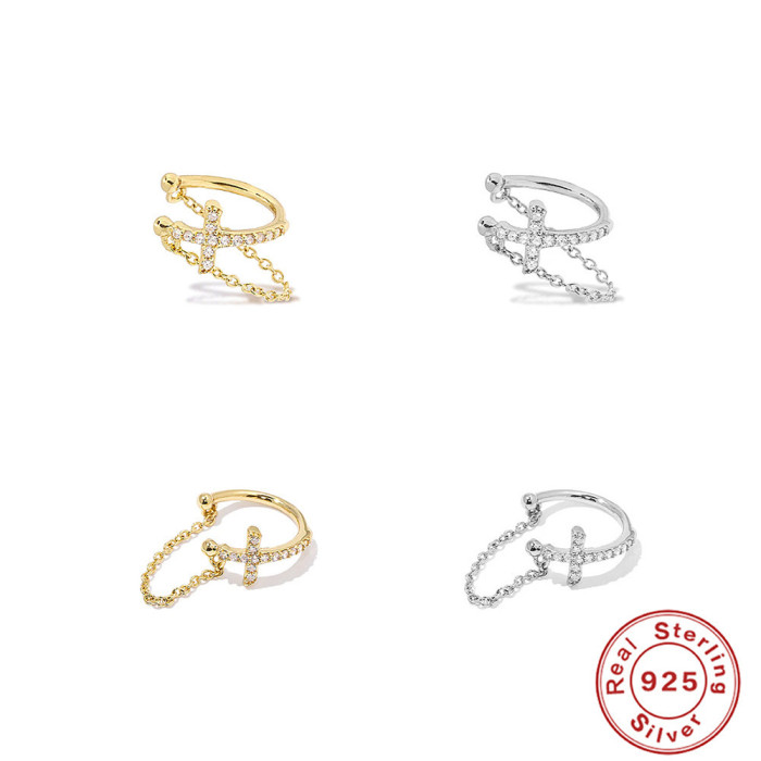 S925 Sterling Silver Cross Inlaid Chain Fashion Clip-On Earrings European and American Hot-Selling Elegant Diamond-Encrusted INS Earrings for Women