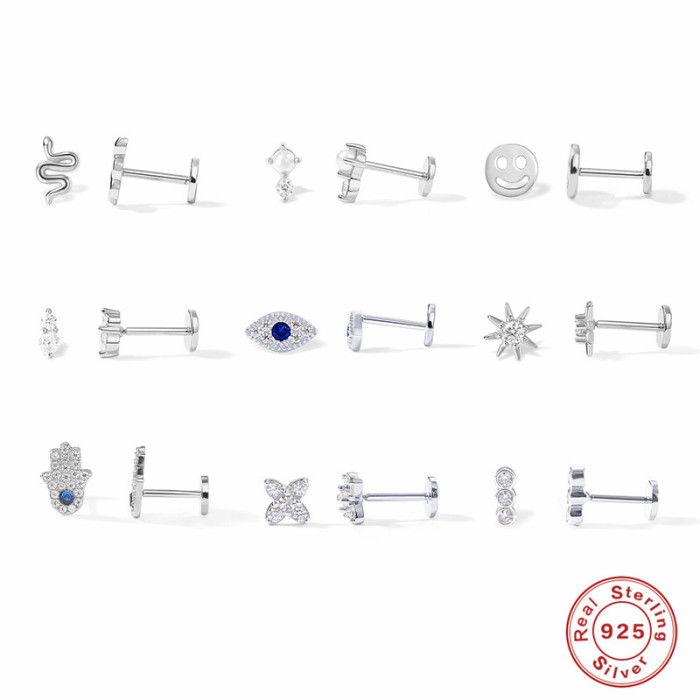 S925 Sterling Silver Diamond-Encrusted Devil's Eye Flat Head Threaded Piercing Cartilage Earrings Personality Little Snake Smiley Face Ear Bone Studs for Women