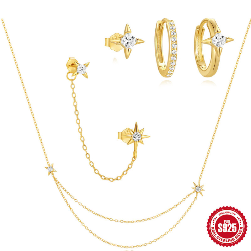 S925 Sterling Silver Eight-Pointed Star Four-Pointed Star Inlaid Diamond Elegant Necklace Earrings Set European and American Hot-Selling Elegant Versatile Jewelry