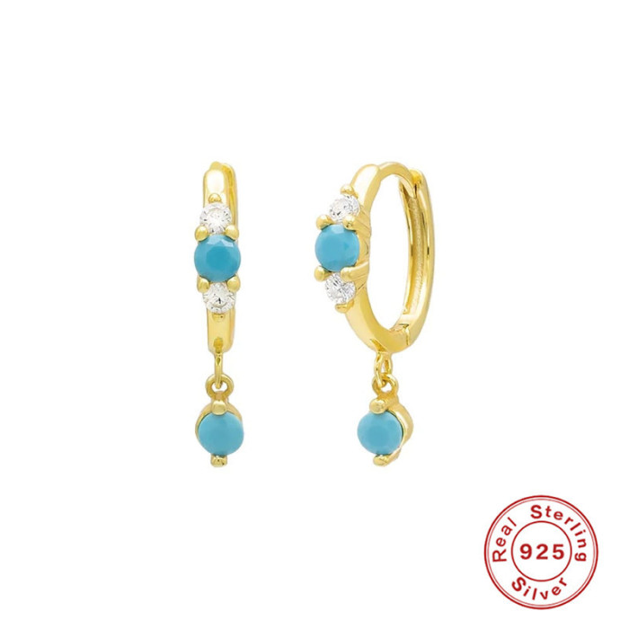 S925 Sterling Silver Turquoise Inlaid Diamond Ear Cuff Hoop Earrings European American French Style Elegant Personality INS Trendy Ear Jewelry