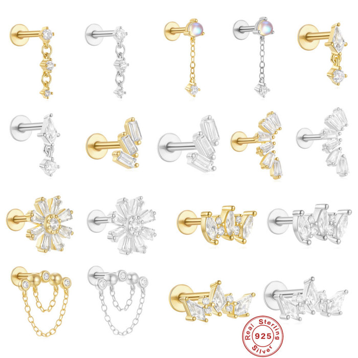 New 925 Sterling Silver Diamond-Studded Tassel Piercing Threaded Flat Ear Bone Stud Earrings European and American Hot-Selling Ins Style Ear Jewelry