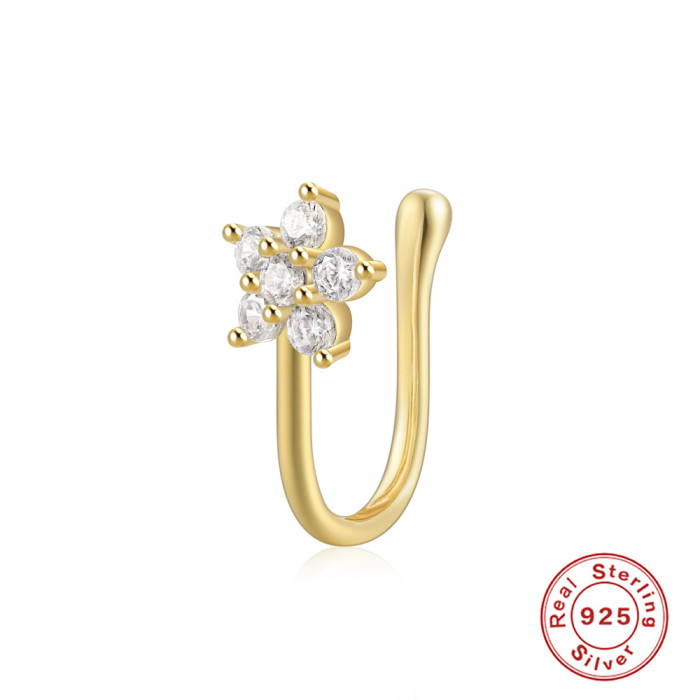 New S925 Sterling Silver Geometric Water Drop Lightning Inlaid Diamond Nose Ring European and American Creative Style Nose Cuff Piercing Jewelry