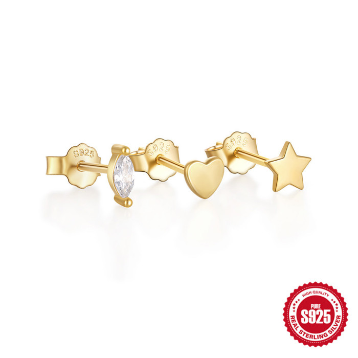 S925 Sterling Silver Heart Star Inlaid Diamond Set Earrings for Women, Internet Celebrity Hot-Selling, Elegant Niche Design Earrings