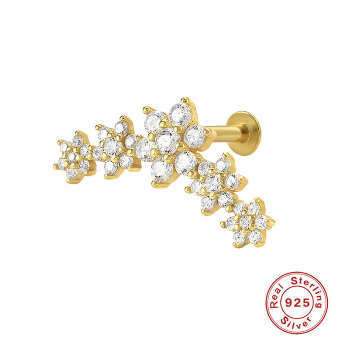 S925 Sterling Silver Three Flower Opal Inlaid Diamond Threaded Flat Head Piercing Stud Earrings Ear Cartilage European American Creative INS Ear Bone Stud