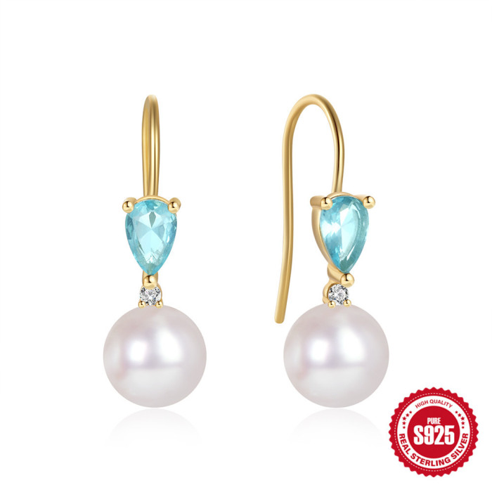 925 Sterling Silver Diamond-Encrusted Pearl Earrings Ear Hooks Earrings European and American Hot Selling Light Luxury Temperament Water Drop Design Zircon Earrings