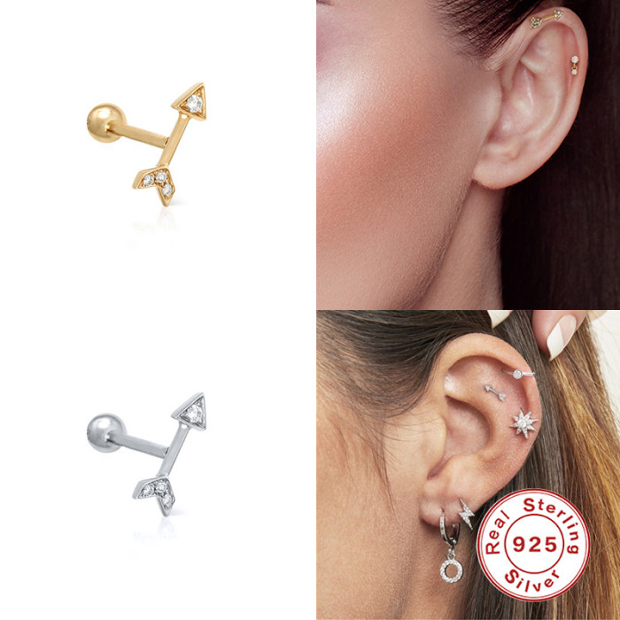 S925 Sterling Silver Single Arrowhead Diamond-Studded Piercing Earrings European and American Fashion Trend Ins Threaded Piercing Stud Earrings