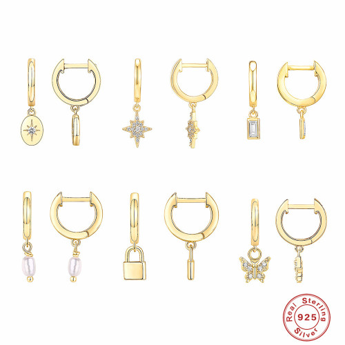 S925 Sterling Silver Octagonal Star Geometric Inlaid Diamond Pearl Lock Pendant Earrings Hoop Earrings Ear Clips European and American Style Personality Trendy Earrings