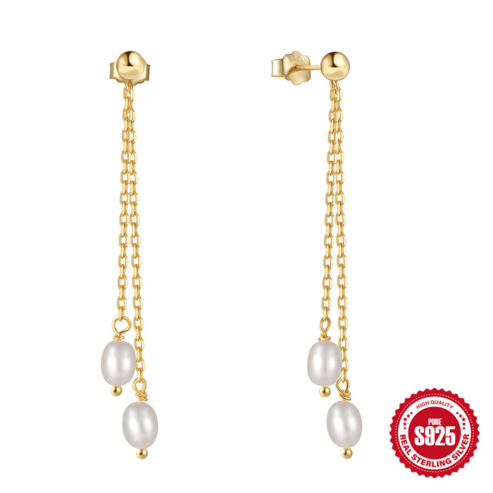 925 Sterling Silver Double Chain Tassel Baroque Irregular Pearl Earrings Stud Earrings Korean Style Elegant Versatile...