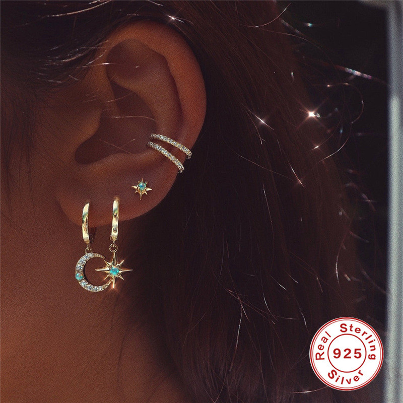 S925 Sterling Silver Star Moon Inlaid Diamond Opal Hoop Earrings Cross Ear Clips Earrings European and American Hot Trendy INS Earrings for Women