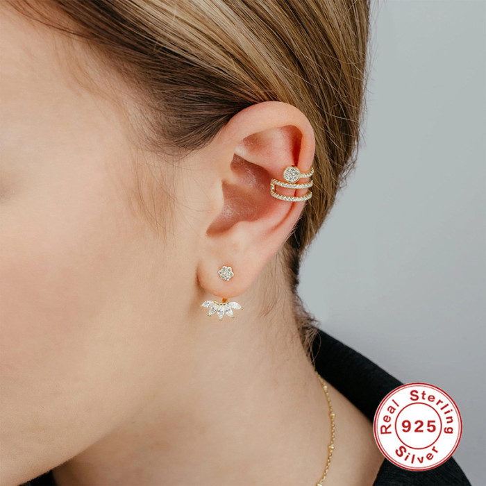 S925 Sterling Silver Single Three-Layer Diamond-Studded Non-Pierced Ear Clip European and American Fashion Punk Style Non-Pierced Earrings Multi-Layer Ear Jewelry