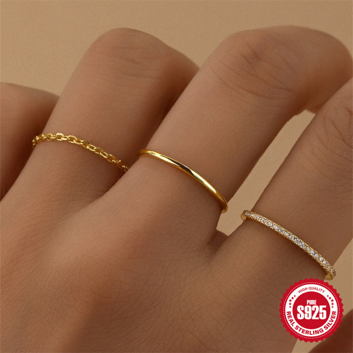 S925 Sterling Silver Simple Plain Band Stone-Encrusted Set Ring Korean Version Niche Personality Basic Ring Light L...