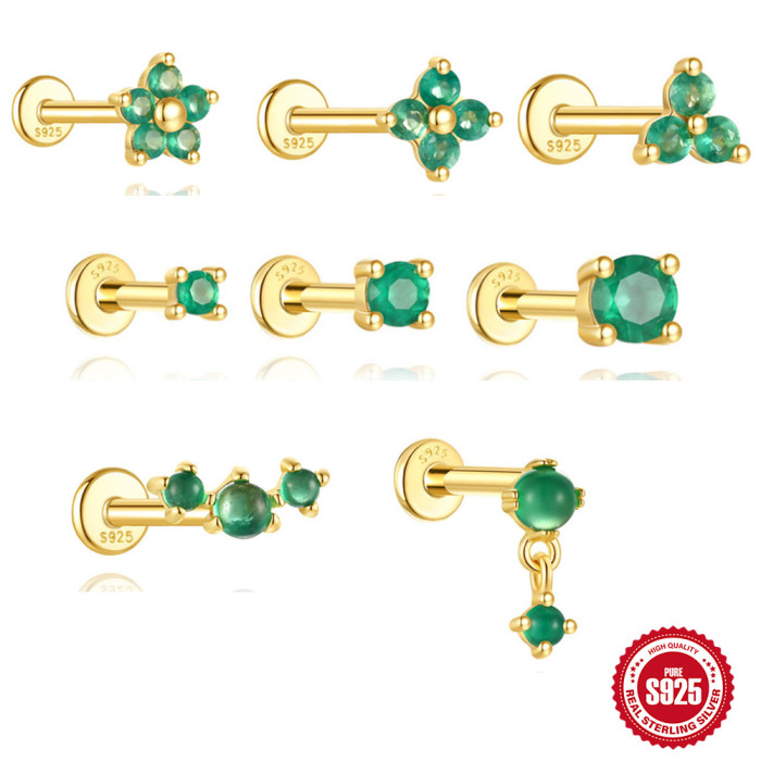 S925 Sterling Silver Natural Green Chalcedony Diamond Light Luxury Flat Head Threaded Piercing Ear Bone Stud European and American Hot Selling Elegant Ear Jewelry