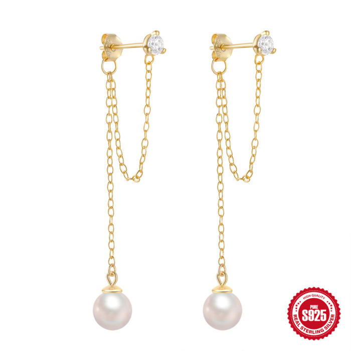 S925 Sterling Silver Chain Tassel Inlaid Diamond Pearl Earrings European and American New Simple Ins Style Pearl Drop Earrings for Women