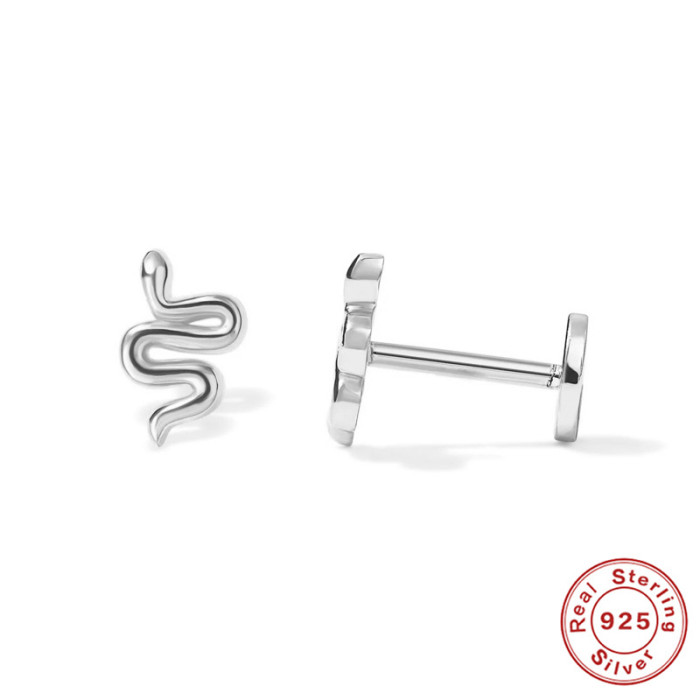 S925 Sterling Silver Diamond-Encrusted Devil's Eye Flat Head Threaded Piercing Cartilage Earrings Personality Little Snake Smiley Face Ear Bone Studs for Women