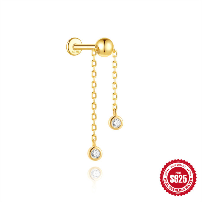 S925 Sterling Silver Classic Tassel Chain Inlaid Diamond Flat Head Thread Piercing Ear Bone Stud European and American Hot-Selling Small Gold Bead Earrings
