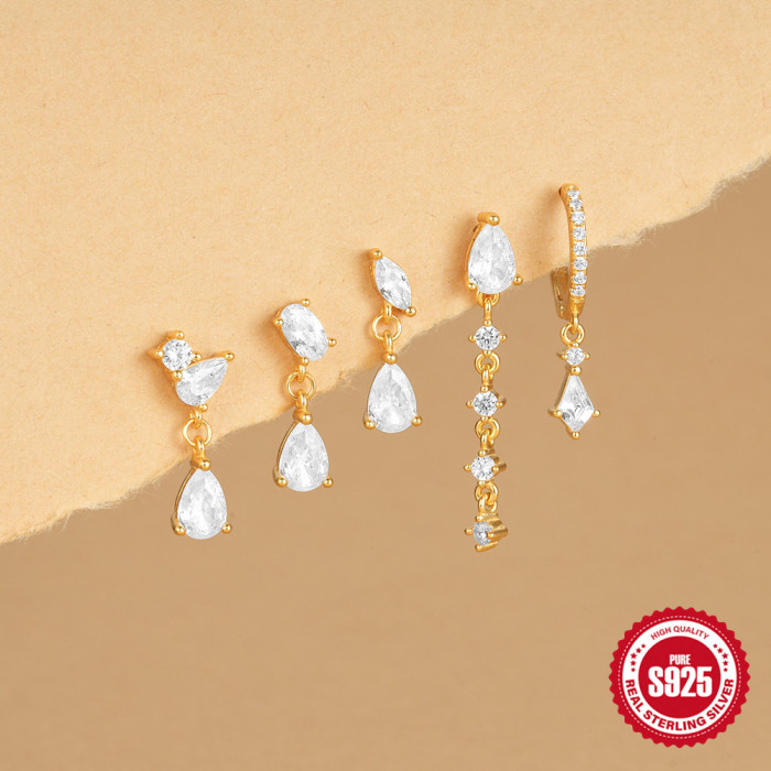 New S925 Sterling Silver Diamond-Shaped Egg-Shaped Water Drop Stud Earrings with Inlaid Diamonds, Hot-Selling Super S...