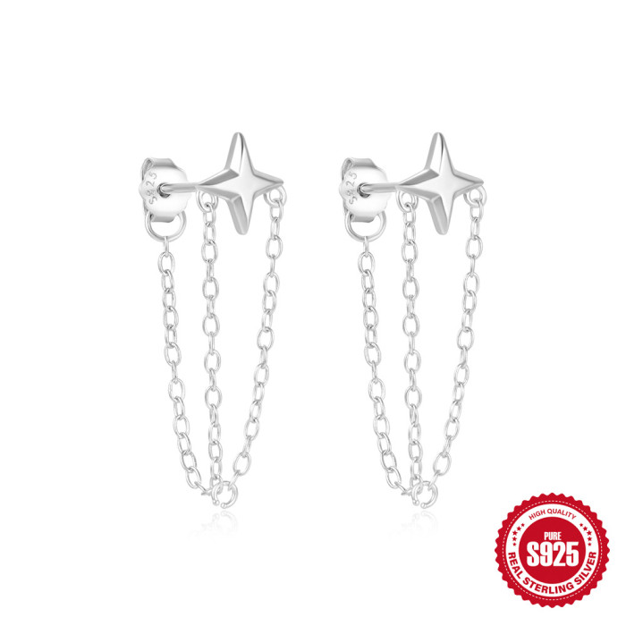 S925 Sterling Silver Classic Four-Pointed Cross Meteor Tassel Ear Thread Earrings Amazon Hot-Selling Chain Earrings for Women