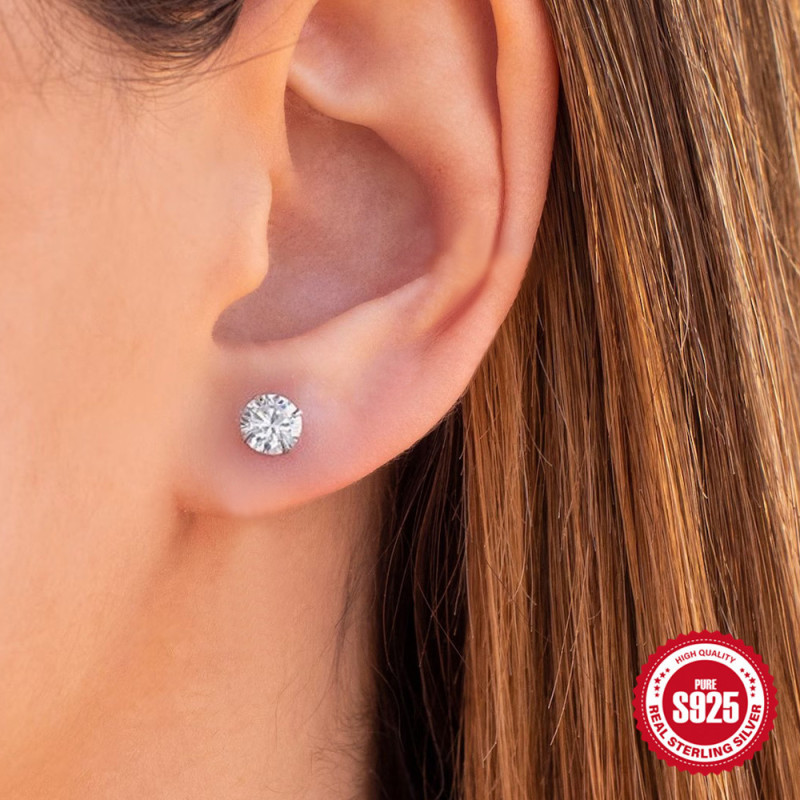 New 925 Sterling Silver Classic Four-Prong Diamond-Studded Spiral Round Bead Piercing Ear Bone Stud European and American Hot-Selling INS Trendy Earrings