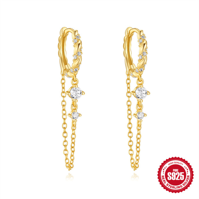 S925 Sterling Silver INS Style Tassel Braided Diamond-Studded Versatile Hoop Earrings European and American French Style Hot-Selling Elegant Earrings