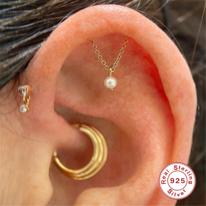 S925 Sterling Silver Tassel Pearl Double Chain Piercing Ear Bone Stud Earrings European and American Hot Selling Creative Minimalist Style Earrings