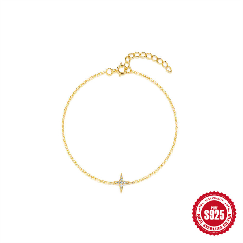 Classic S925 Sterling Silver Inlaid Diamond Four-Pointed Star Thin Bracelet for Women Fashionable Elegant Commuting Hot-Selling Element Bracelet Jewelry