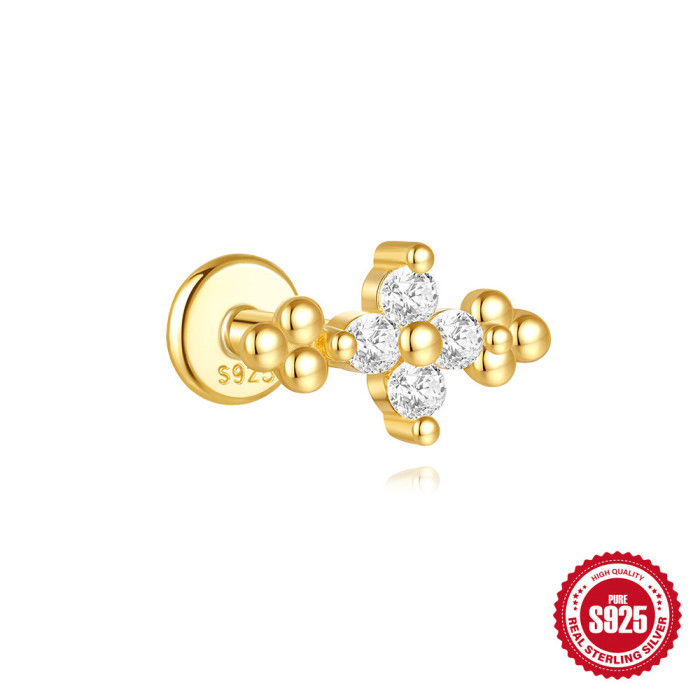 S925 Sterling Silver Moon Star Inlaid Diamond Flat Soft Bone Spiral Piercing Ear Bone Stud European and American Daily Wear Ear Jewelry