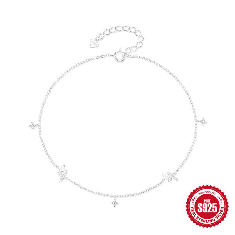 New S925 Sterling Silver Double Heart Zircon Versatile Elegant Anklet Korean Style Personality Five-Pointed Star Inlaid Diamond High-End Anklet