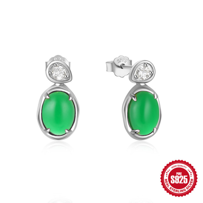 New 925 Sterling Silver Classic Luxurious Stone-Studded Green Gemstone Earrings Hot-Selling Elegant Niche Earrings...