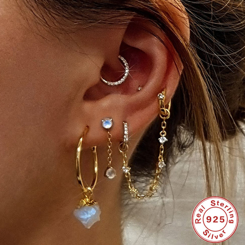 S925 Sterling Silver Pendant Cartilage Chain Piercing Matching Ear Thread Earrings Earring Accessories European and American Hot Selling Chain Earrings for Women