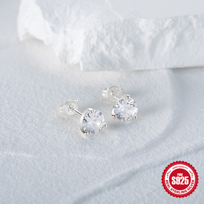 S925 Sterling Silver Three-Claw Diamond Single Zircon Stud Earrings Internet Celebrity Xiaohongshu Hot-Selling Basic Wearable Earrings