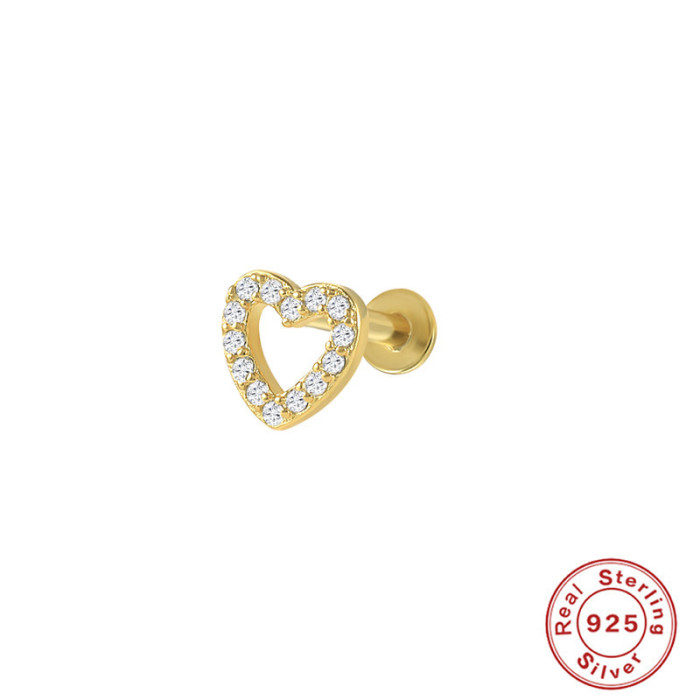S925 Sterling Silver Geometric Diamond-Studded Pearl Ear Bone Stud Ear Cartilage European and American INS Style Flat Head Threaded Body Piercing Ear Jewelry