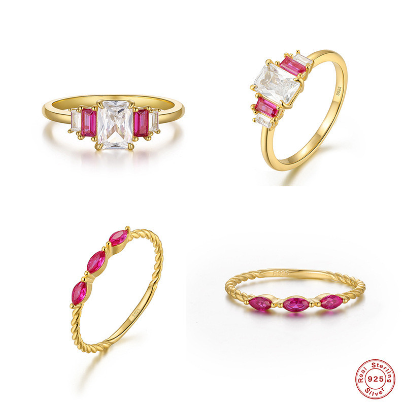 S925 Sterling Silver Pink Marquise Twist Pattern Ring with Diamond Inlay Step Shape Ring Korean Style Light Luxury Index Finger Ring