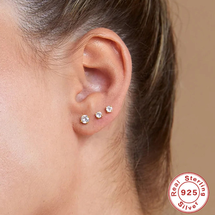 S925 Sterling Silver Four-Prong Diamond-Studded Flat Head Threaded Piercing Cartilage Earrings European and American Hot-Selling Classic Elegant Minimalist Ear Jewelry